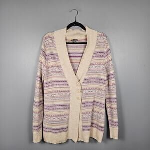 Eddie Bauer Womens XL Fair Isle Shawl Collar Cardigan Sweater Cream Purple‎